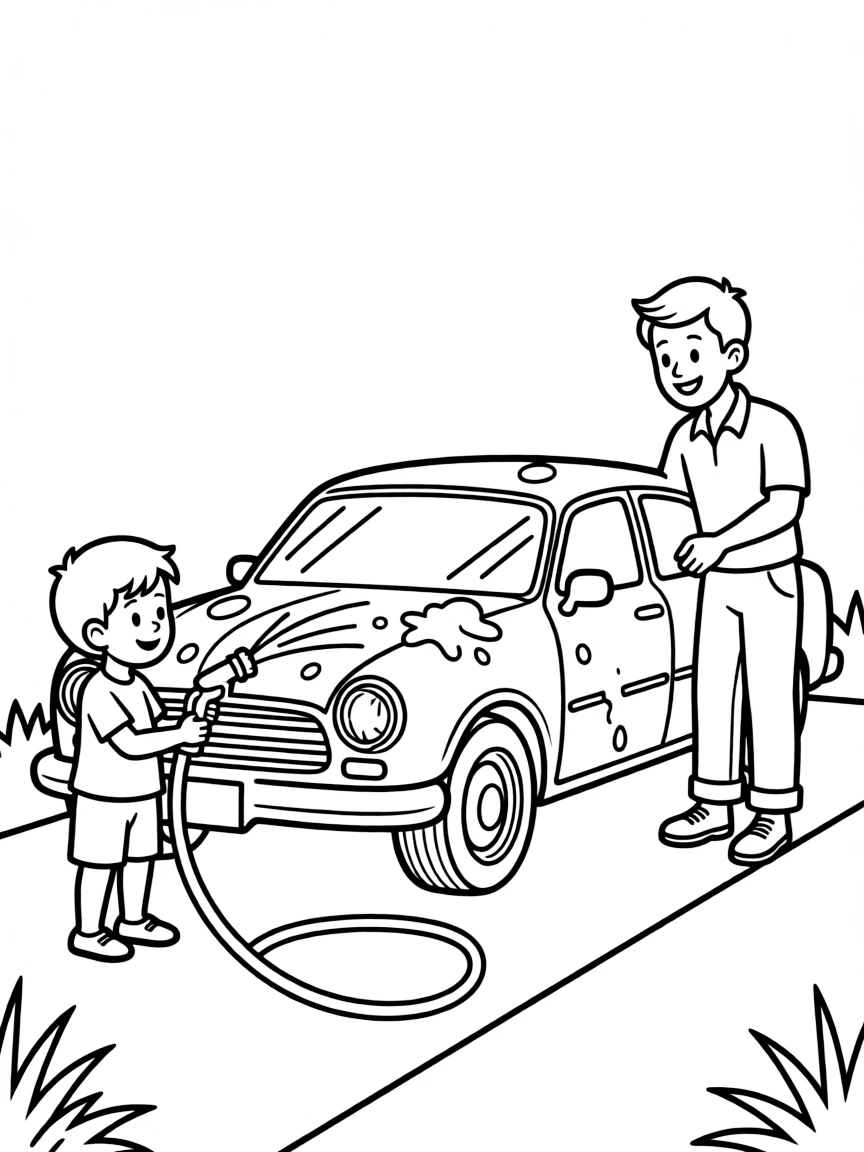 A boy helping his dad wash the car, holding the hose.