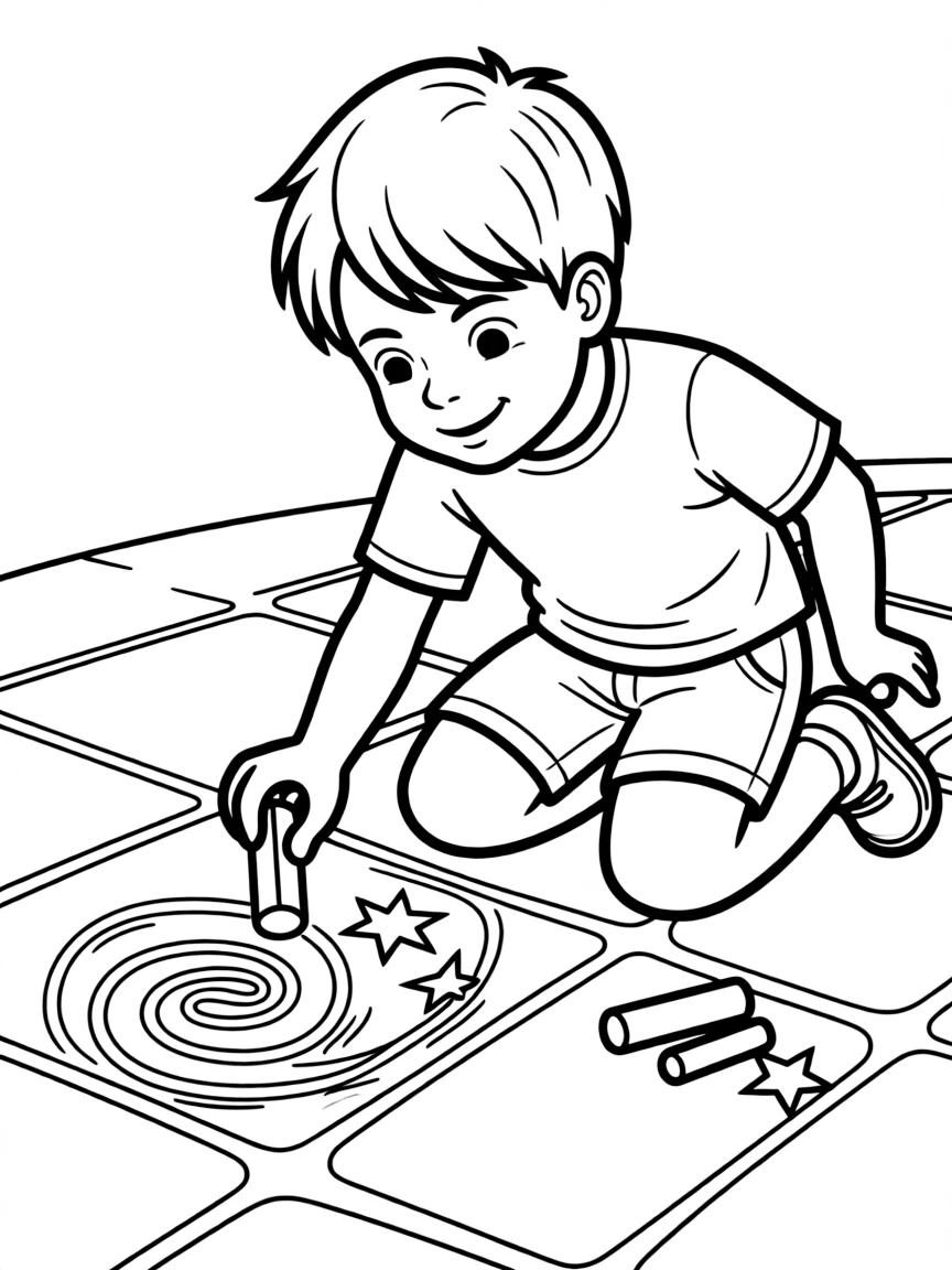A boy drawing with chalk on the sidewalk, creating cool designs.