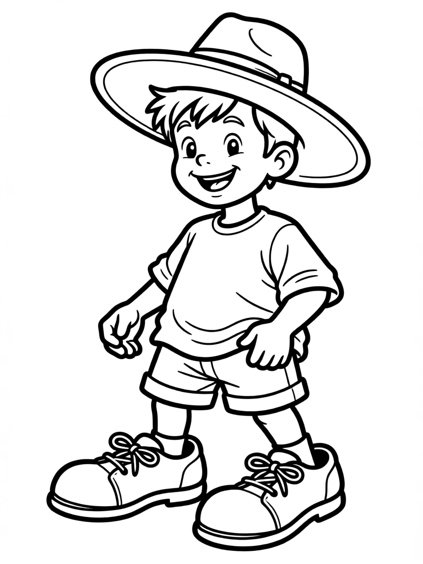 A boy trying on his dad's big shoes and hat, looking funny.