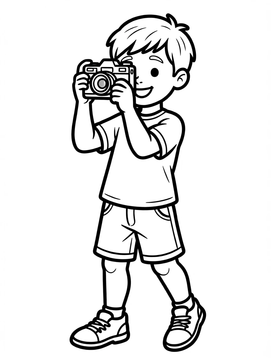 A boy pretending to be a photographer, holding a toy camera.