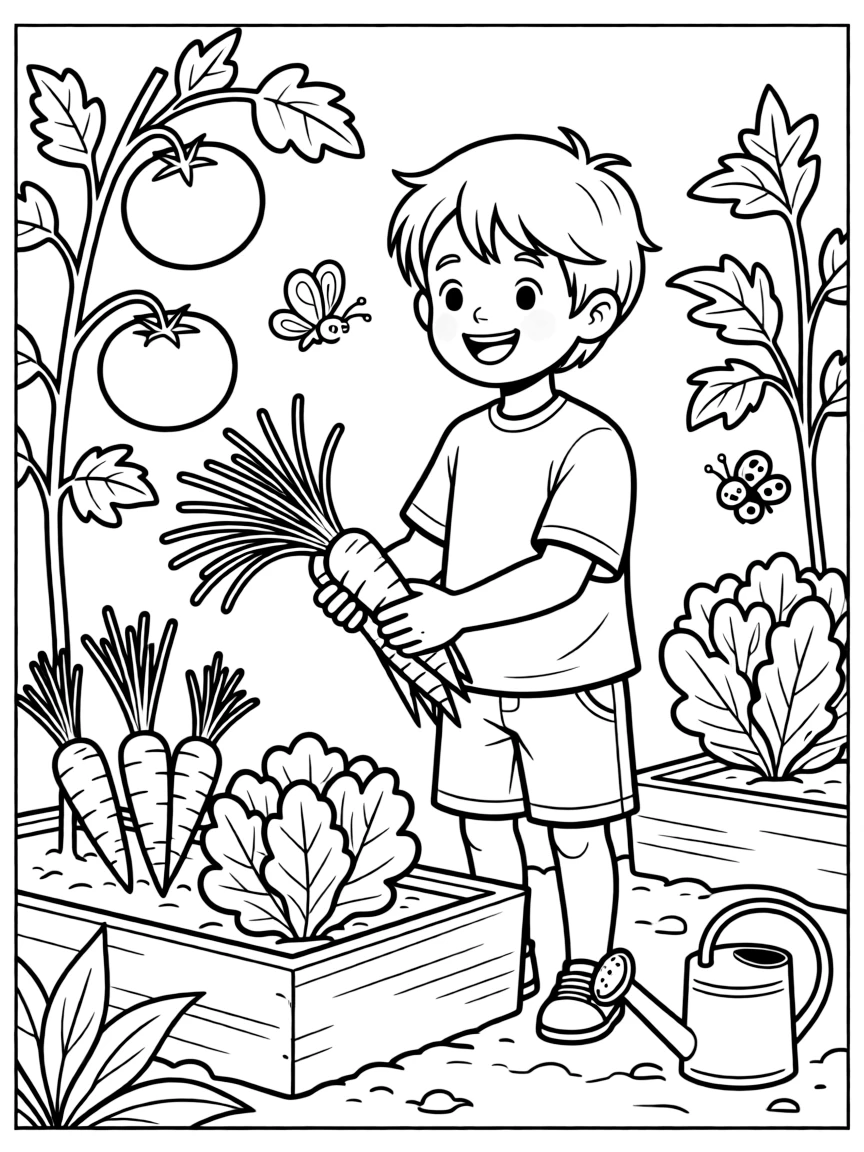 A boy in a garden, picking fresh vegetables.