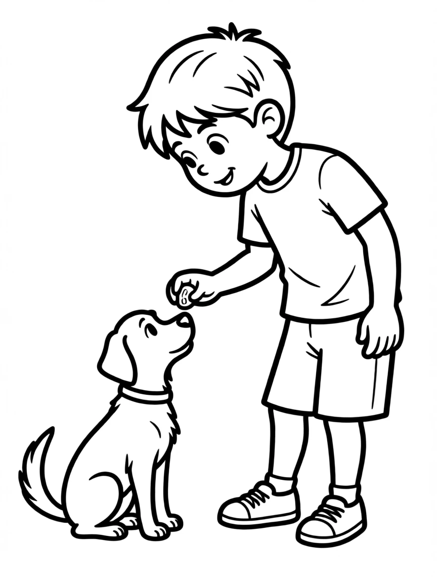 A boy teaching his pet dog tricks, holding a treat.