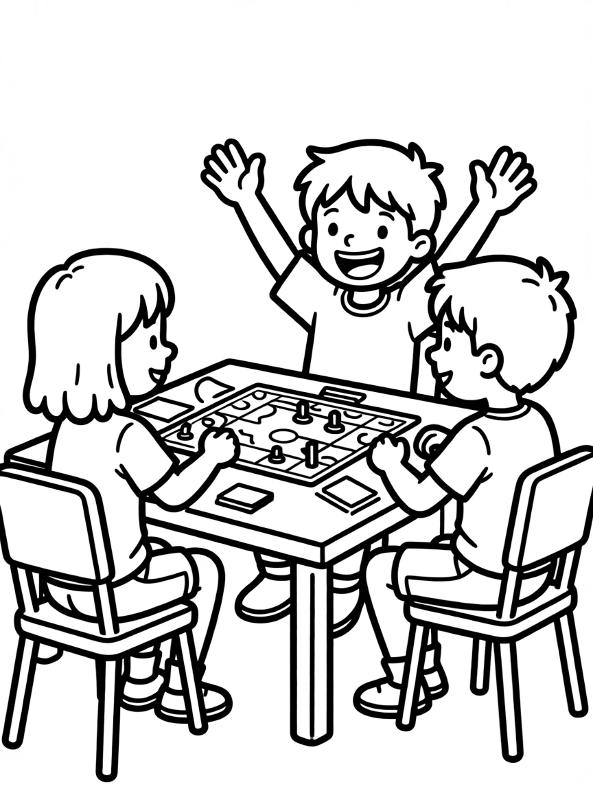 A boy playing a board game with his friends, cheering when he wins.