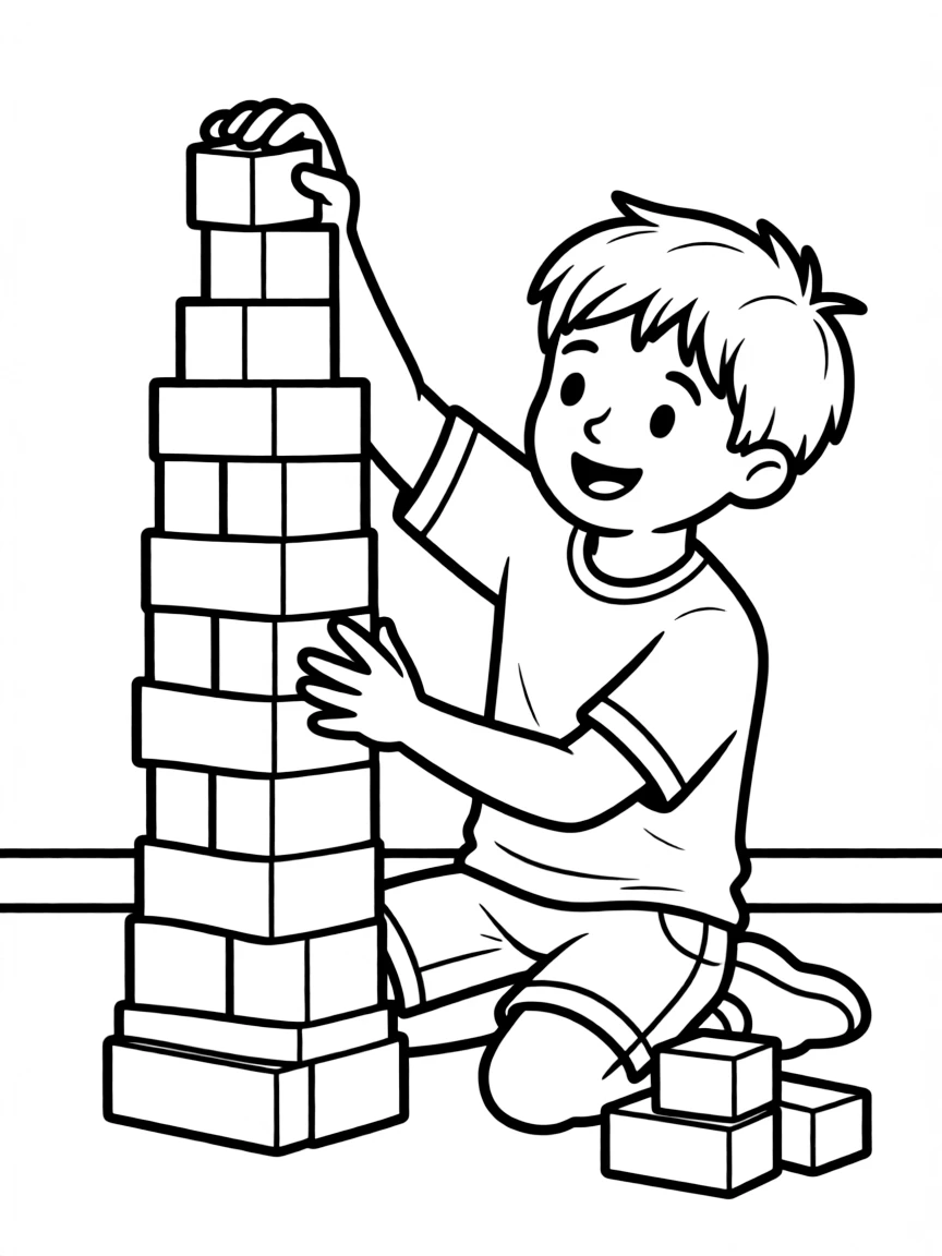 A boy building a tower of colorful blocks, stacking them high.