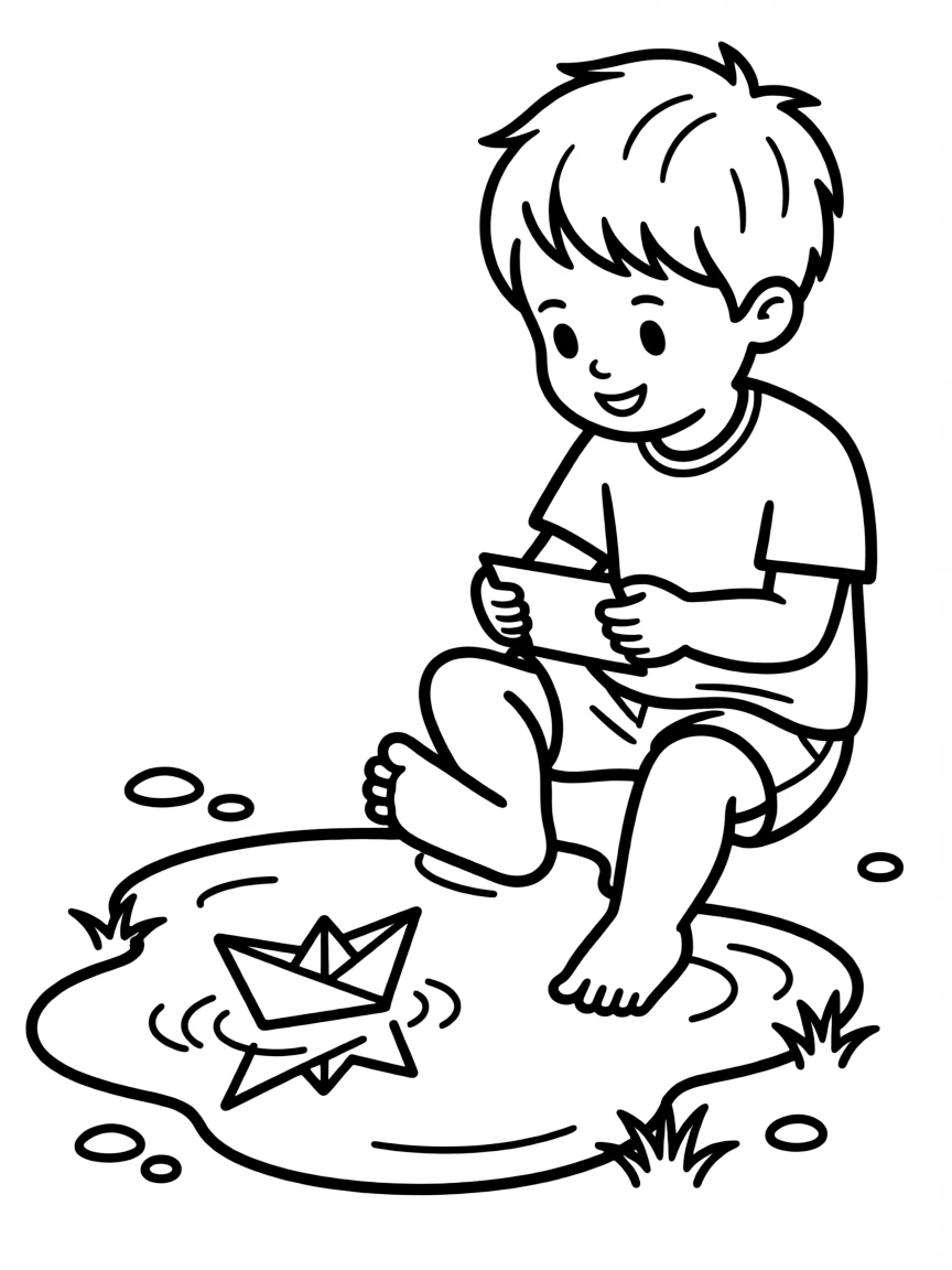 A boy making a paper boat and floating it in a puddle.