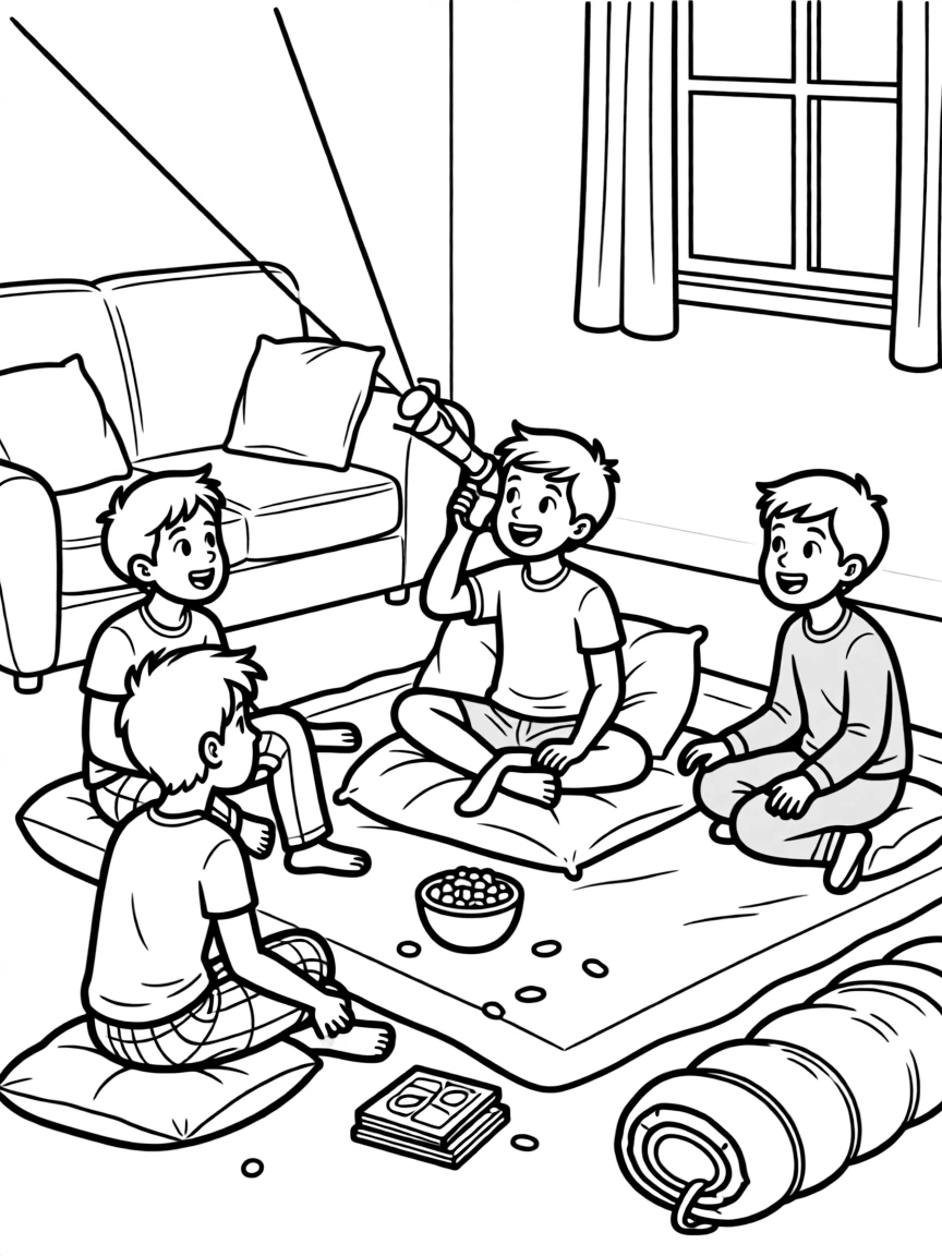 A boy having a sleepover with his friends, telling scary stories with a flashlight.