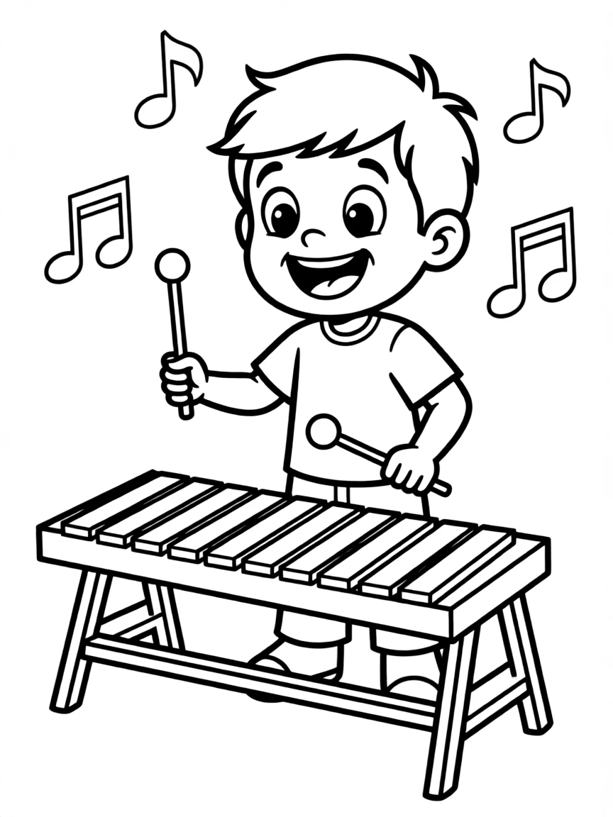 A boy playing a xylophone, making happy music.