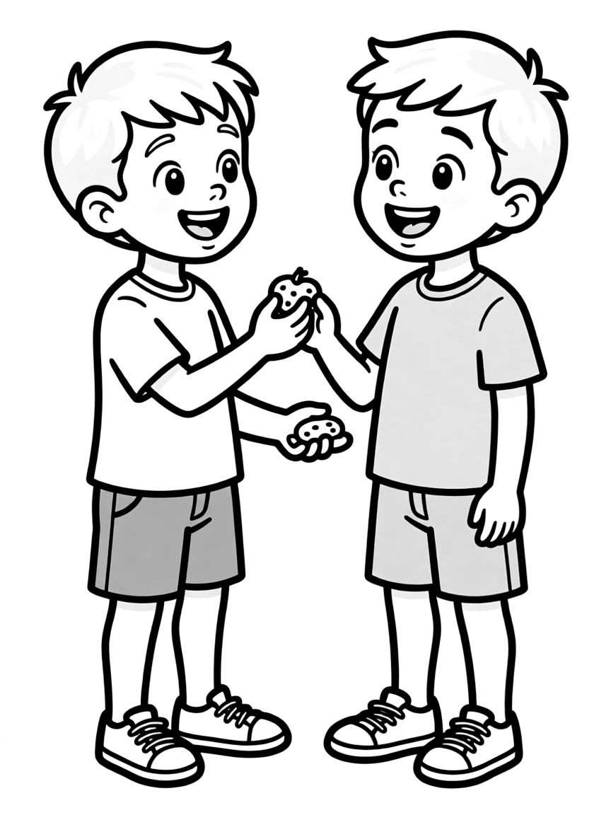 A boy sharing his snacks with a friend, smiling.