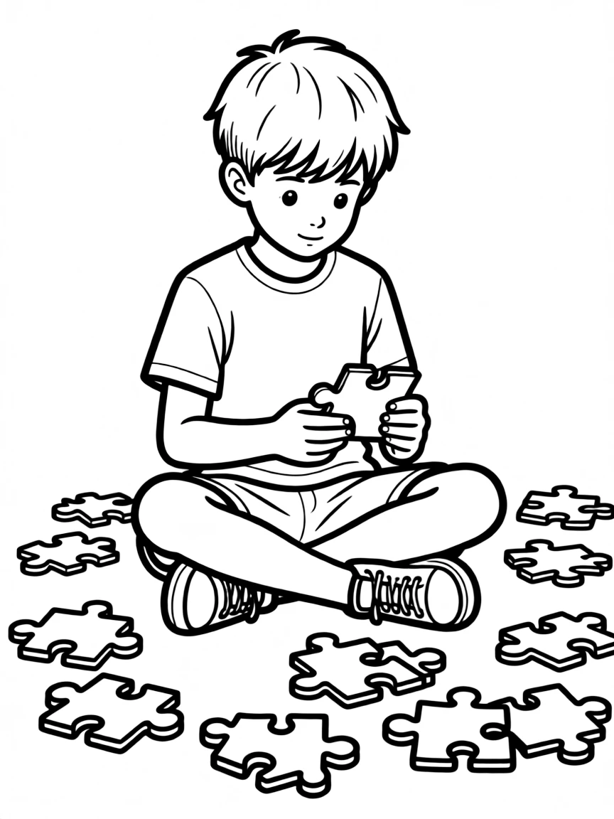 A boy doing a puzzle on the floor, surrounded by pieces.