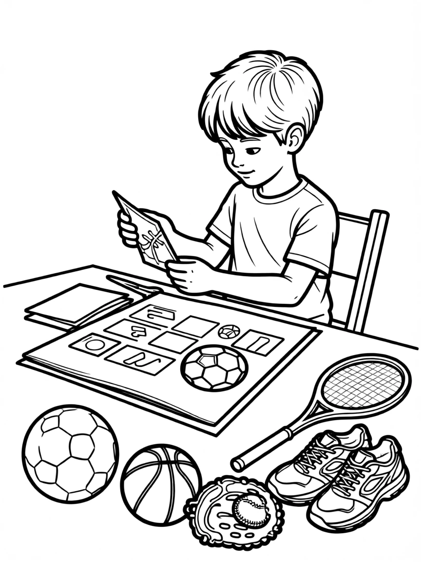 A boy making a collage with sports pictures.