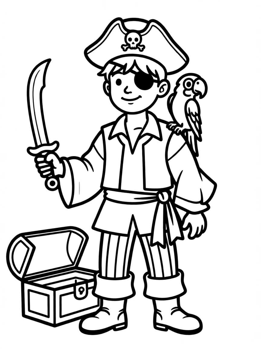A boy playing dress-up in a pirate costume, with an eye patch.