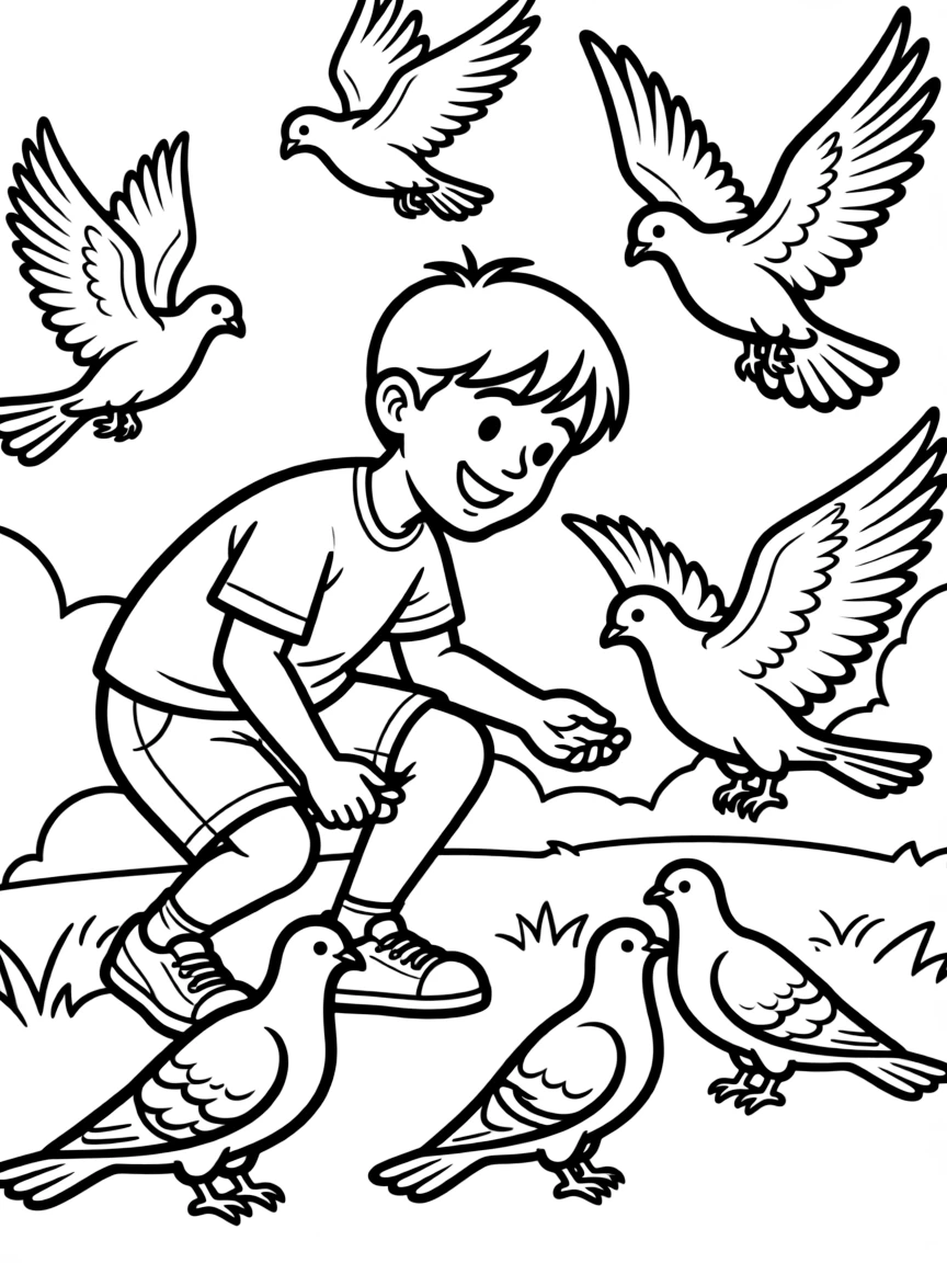 A boy feeding pigeons at a park, with birds flying around him.
