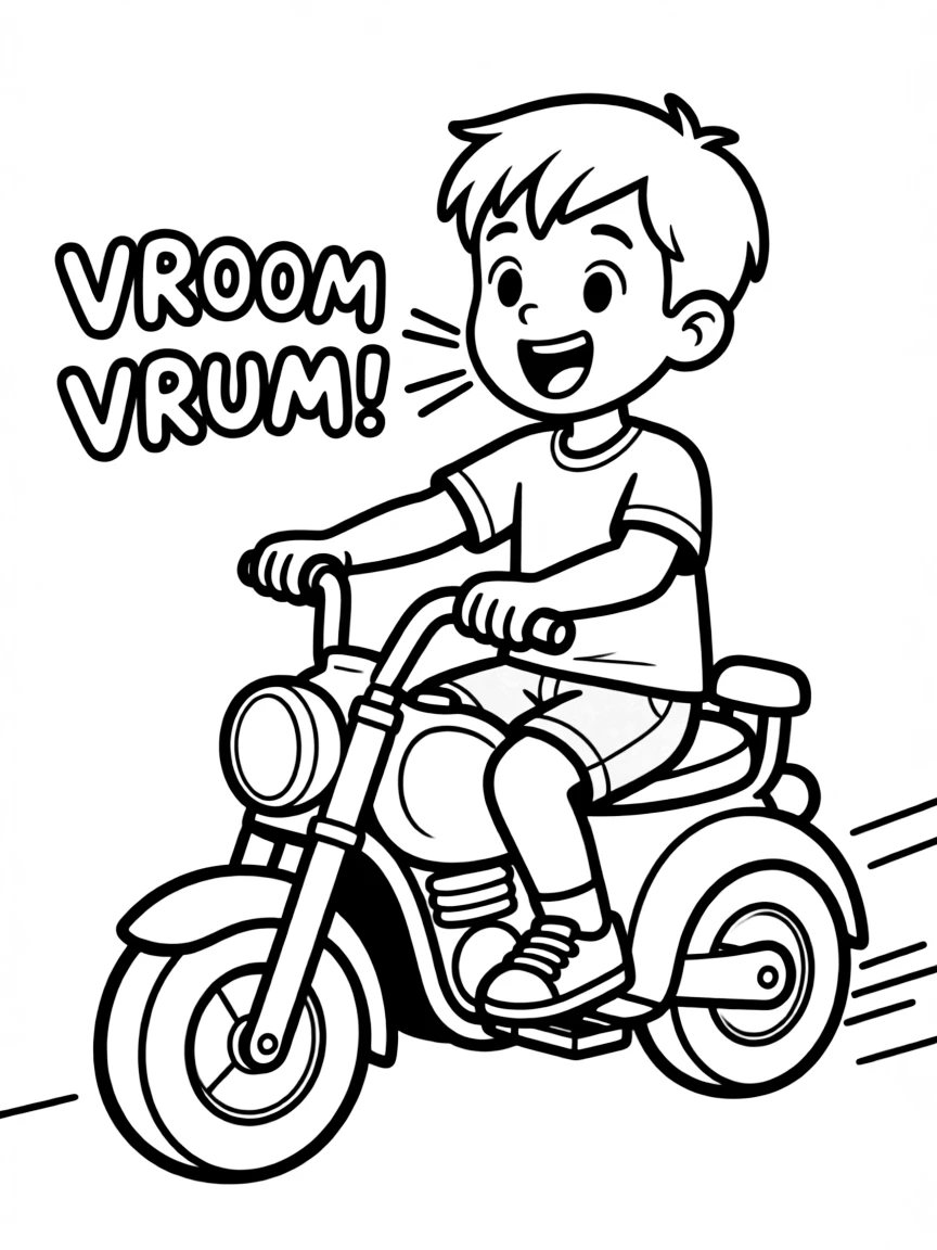 A boy riding a toy motorcycle, making vrooming sounds.