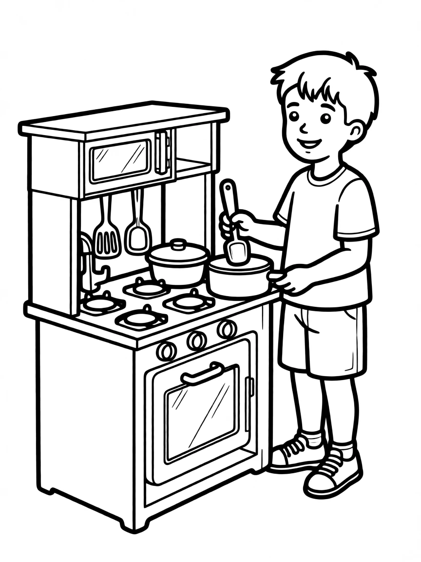 A boy playing with a toy kitchen, pretending to cook.