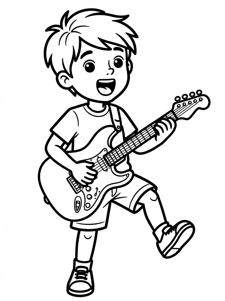 A boy pretending to be a rock star, holding a toy guitar.
