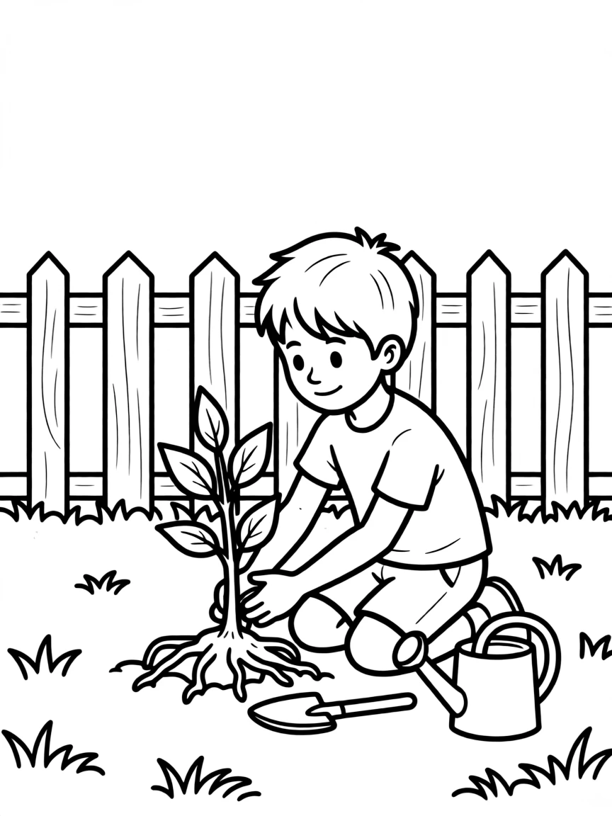 A boy planting a small tree in the backyard.