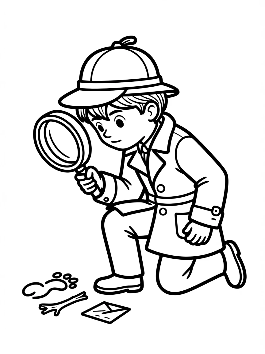 A boy pretending to be a detective, looking for clues with a magnifying glass.