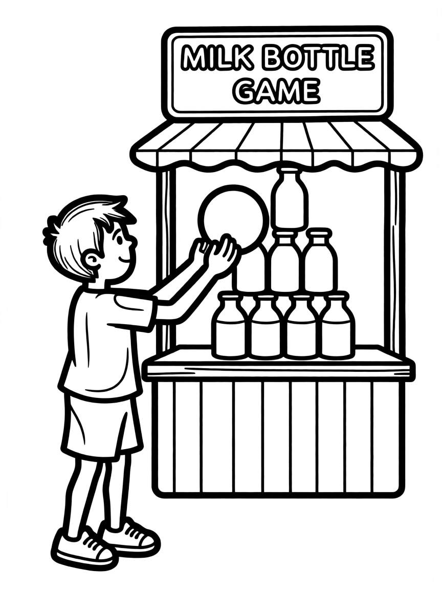 A boy at a fair, trying to knock down milk bottles with a ball.