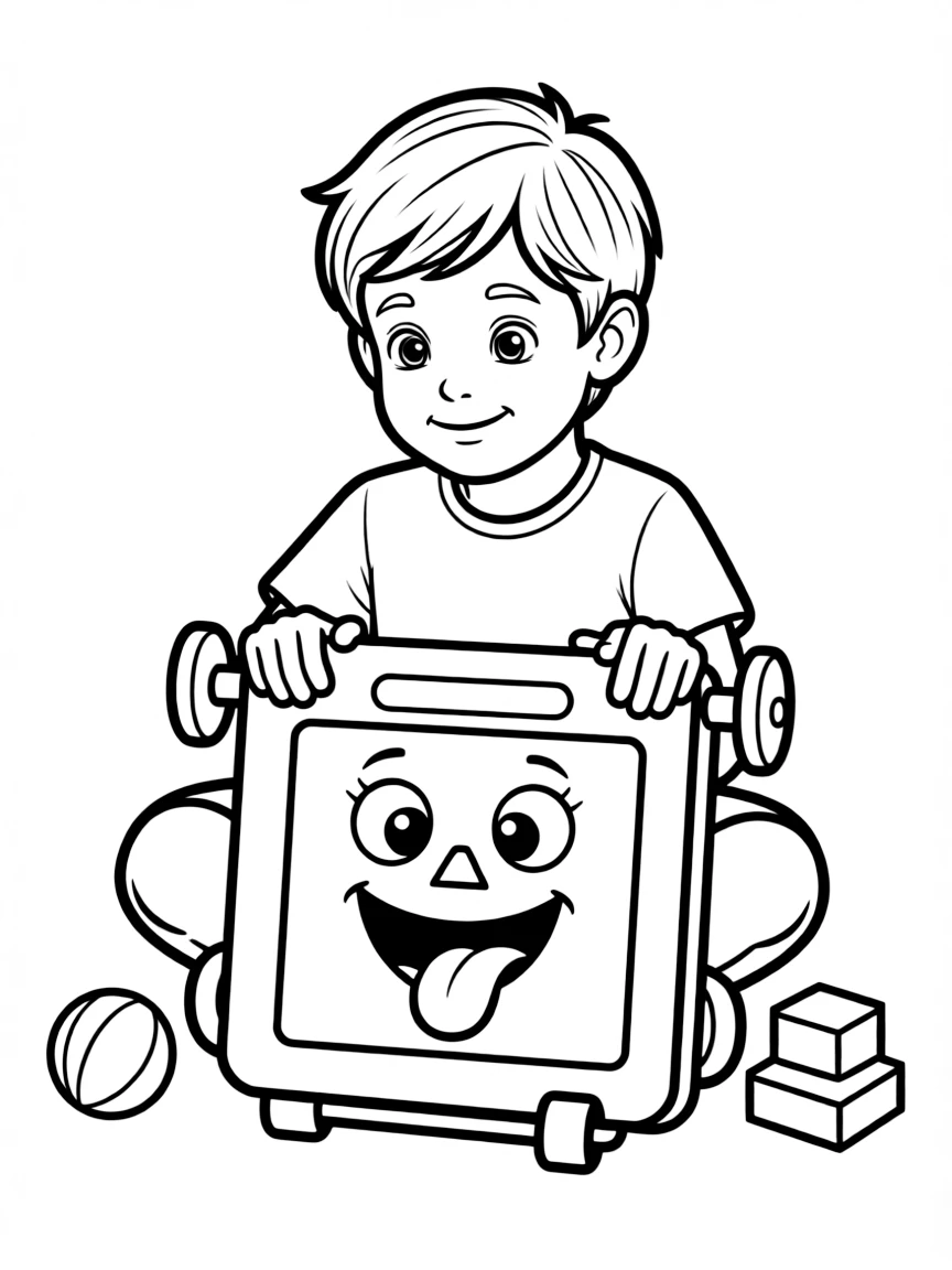 A boy drawing on an Etch-a-Sketch, creating a funny face.