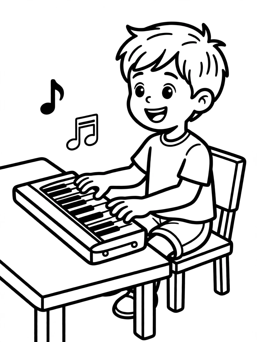 A boy playing a toy keyboard, pressing the keys.