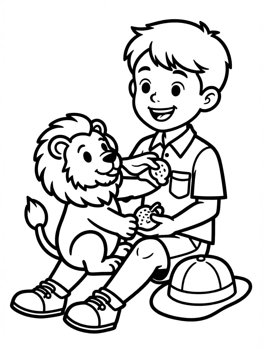 A boy pretending to be a zookeeper, feeding a toy lion.