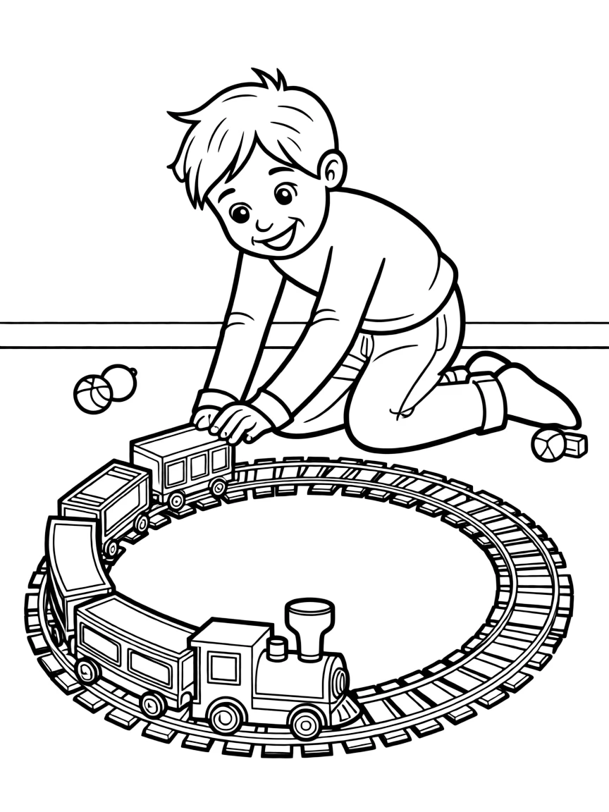 A boy playing with a toy train set, making the train go fast.