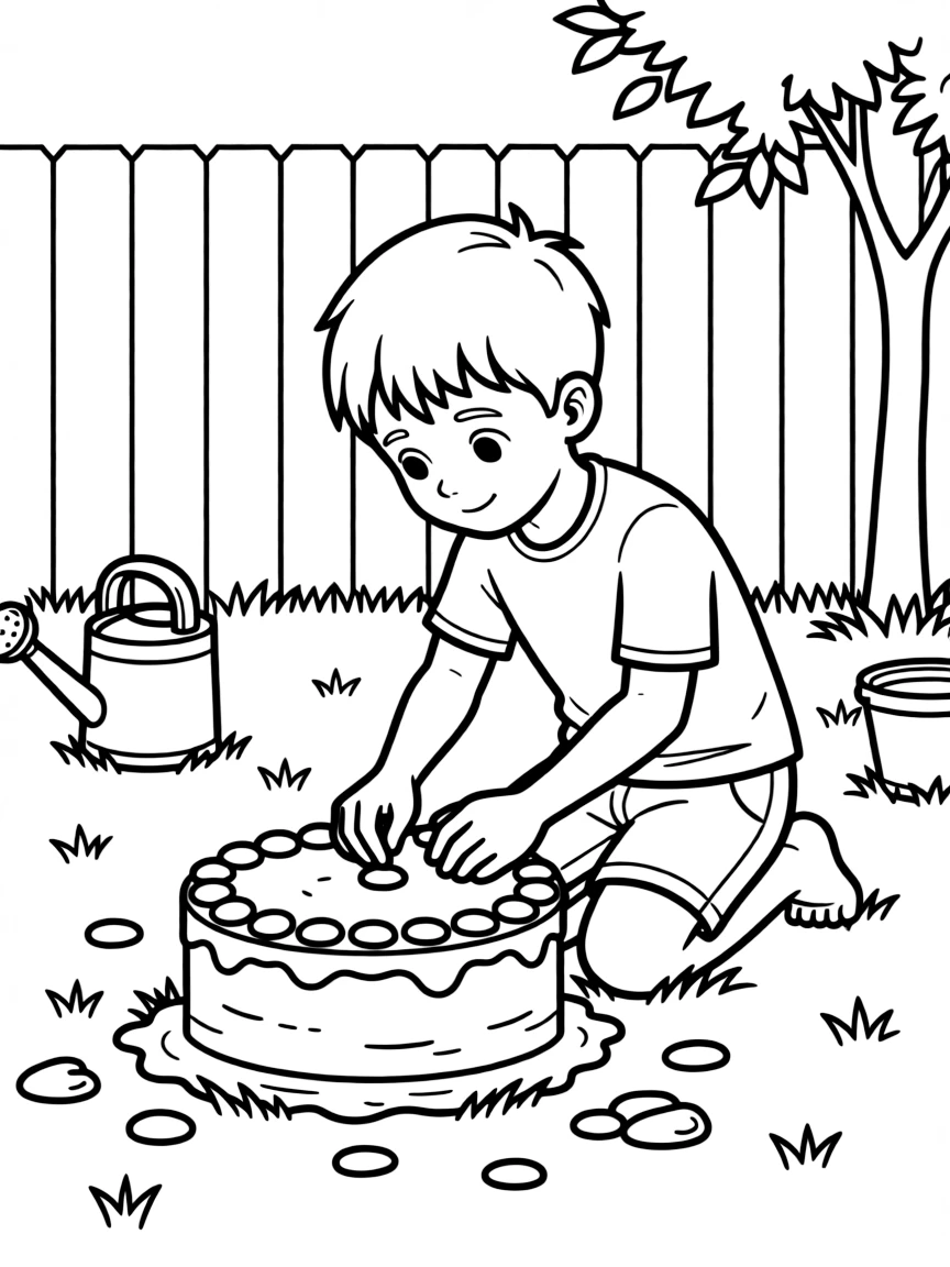 A boy making a "mud pie" in the backyard, decorating it with pebbles.