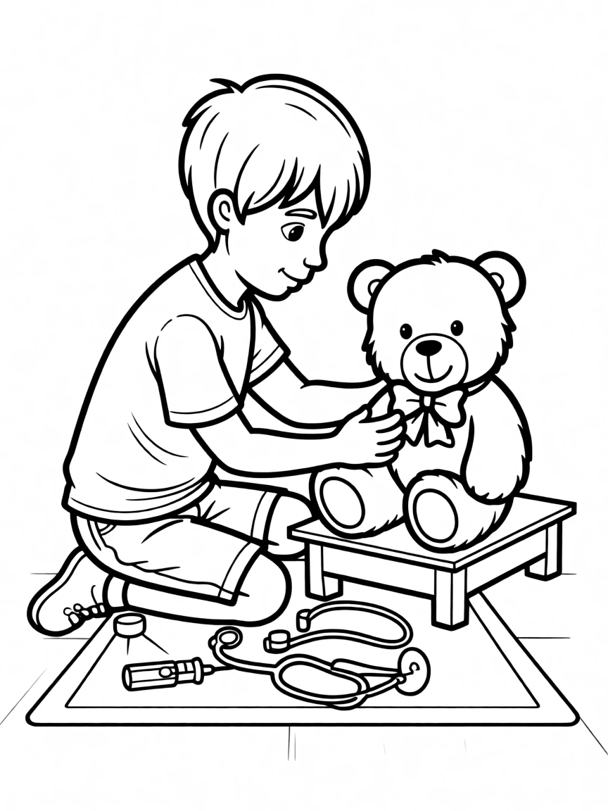 A boy playing with a toy doctor's kit, giving his teddy bear a check-up.