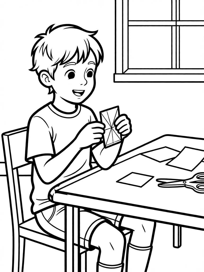 A boy making a paper fortune teller.