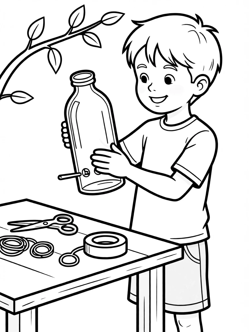 A boy making a bird feeder with a plastic bottle.