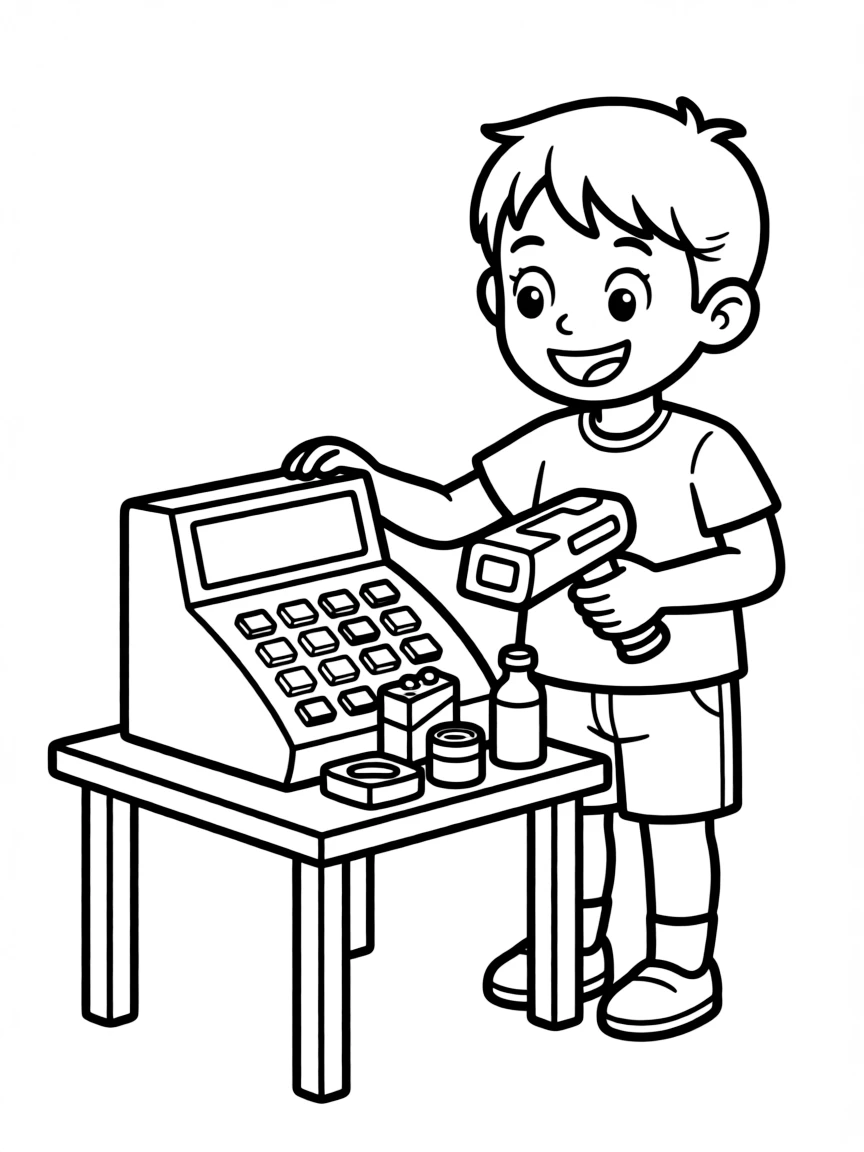 A boy playing with a toy cash register, scanning toy items.