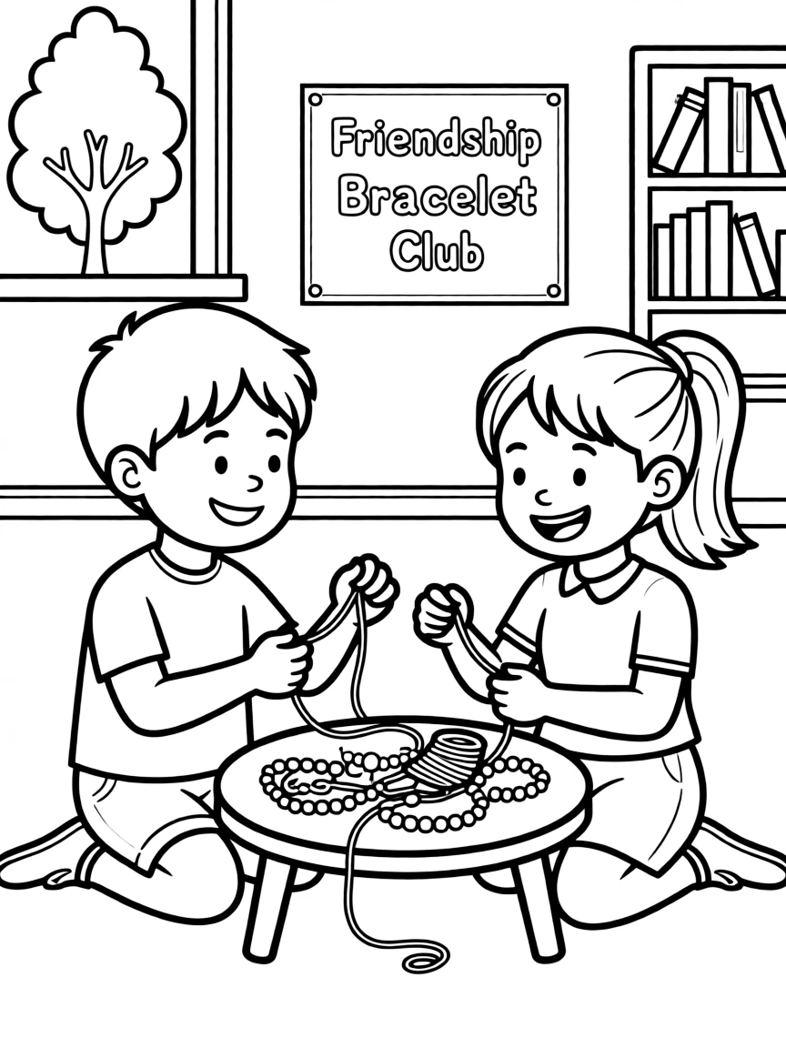 A boy making a friendship bracelet with his friend.