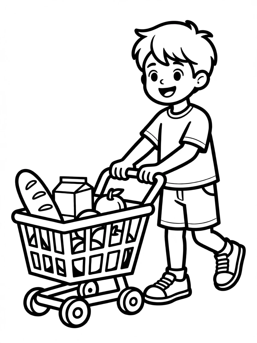 A boy playing with a toy grocery cart, pushing it around.