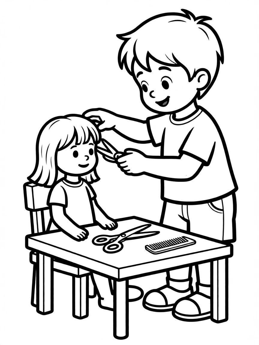 A boy pretending to be a hairstylist, cutting his doll's hair.