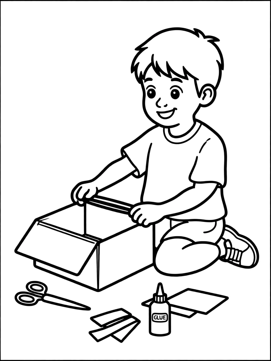 A boy making a homemade musical instrument out of a shoebox.