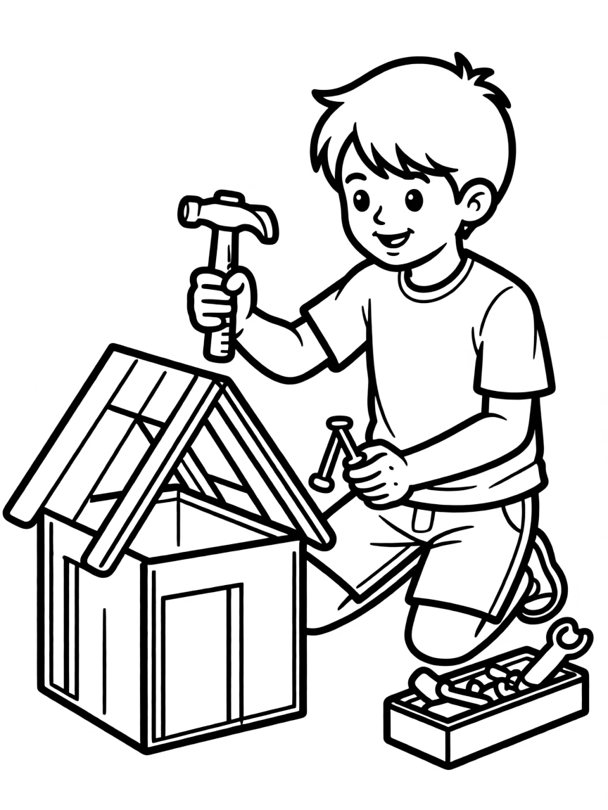 A boy playing with a toy hammer and nails, building a small house.