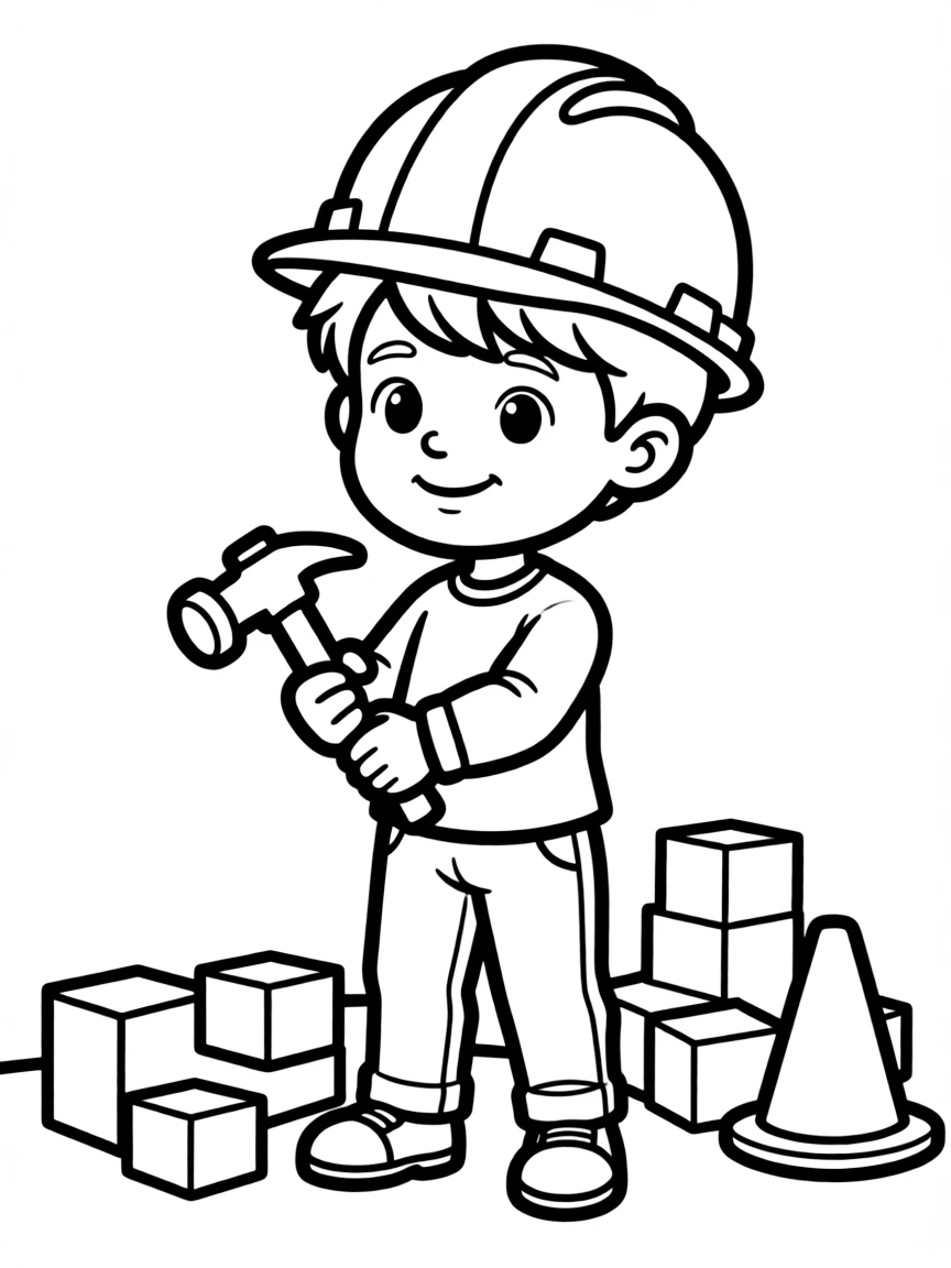 A boy pretending to be a construction worker, wearing a toy hard hat.