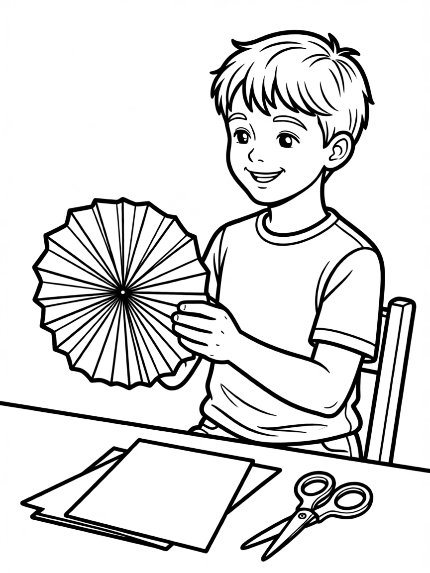 A boy making a paper fan.