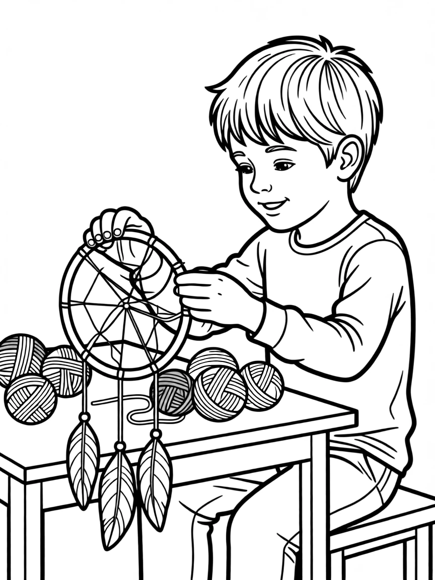 A boy making a dream catcher with colorful yarn.