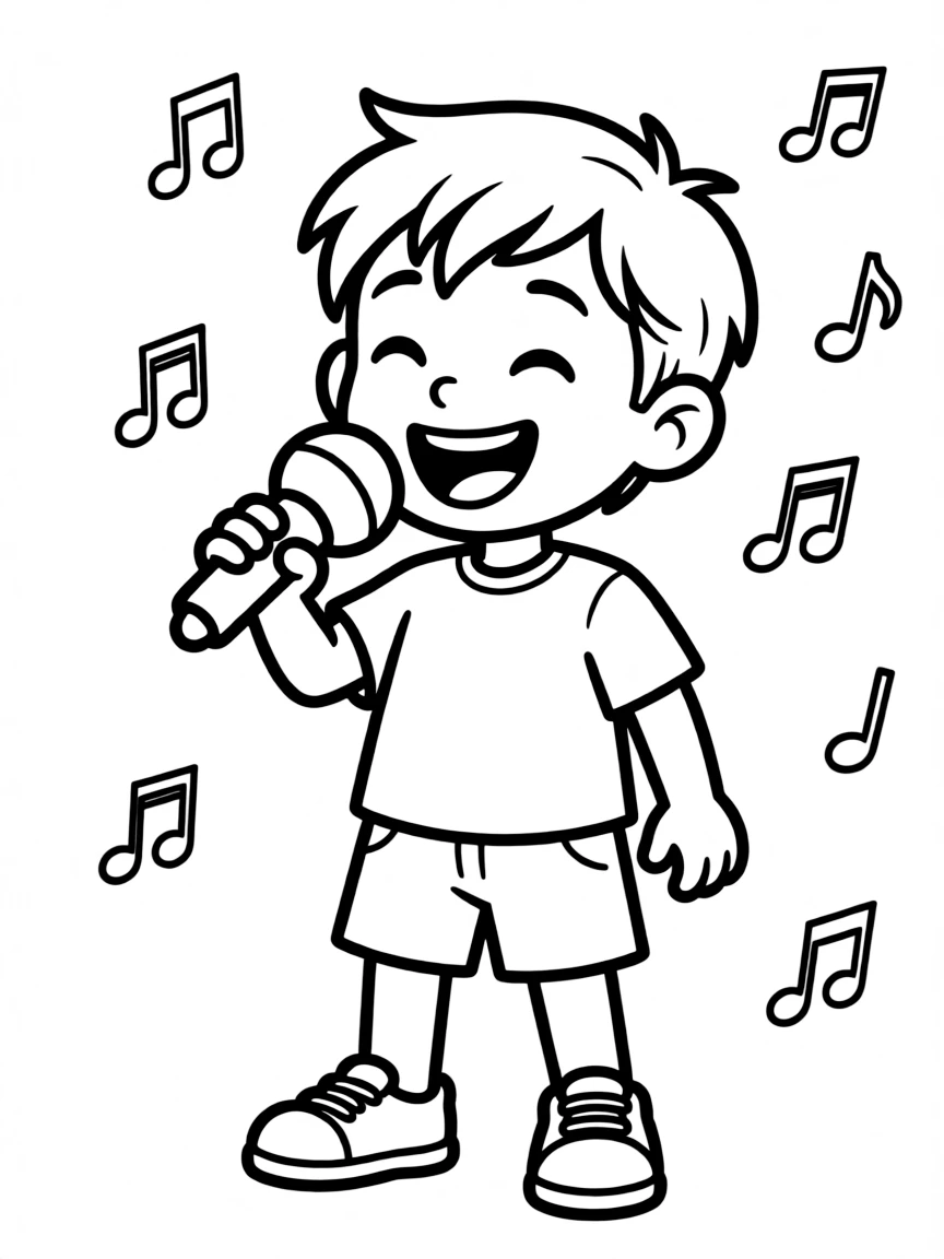 A boy playing with a toy microphone, singing his favorite song.