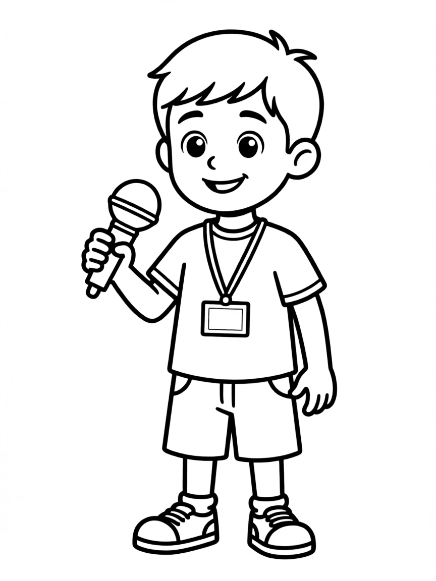 A boy pretending to be a news reporter, holding a toy microphone.