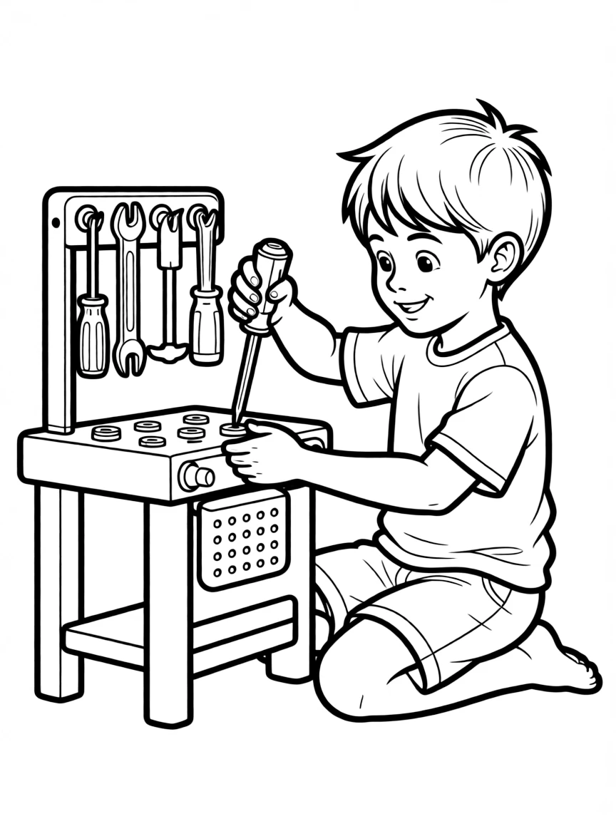 A boy playing with a toy tool bench, using toy screwdrivers.