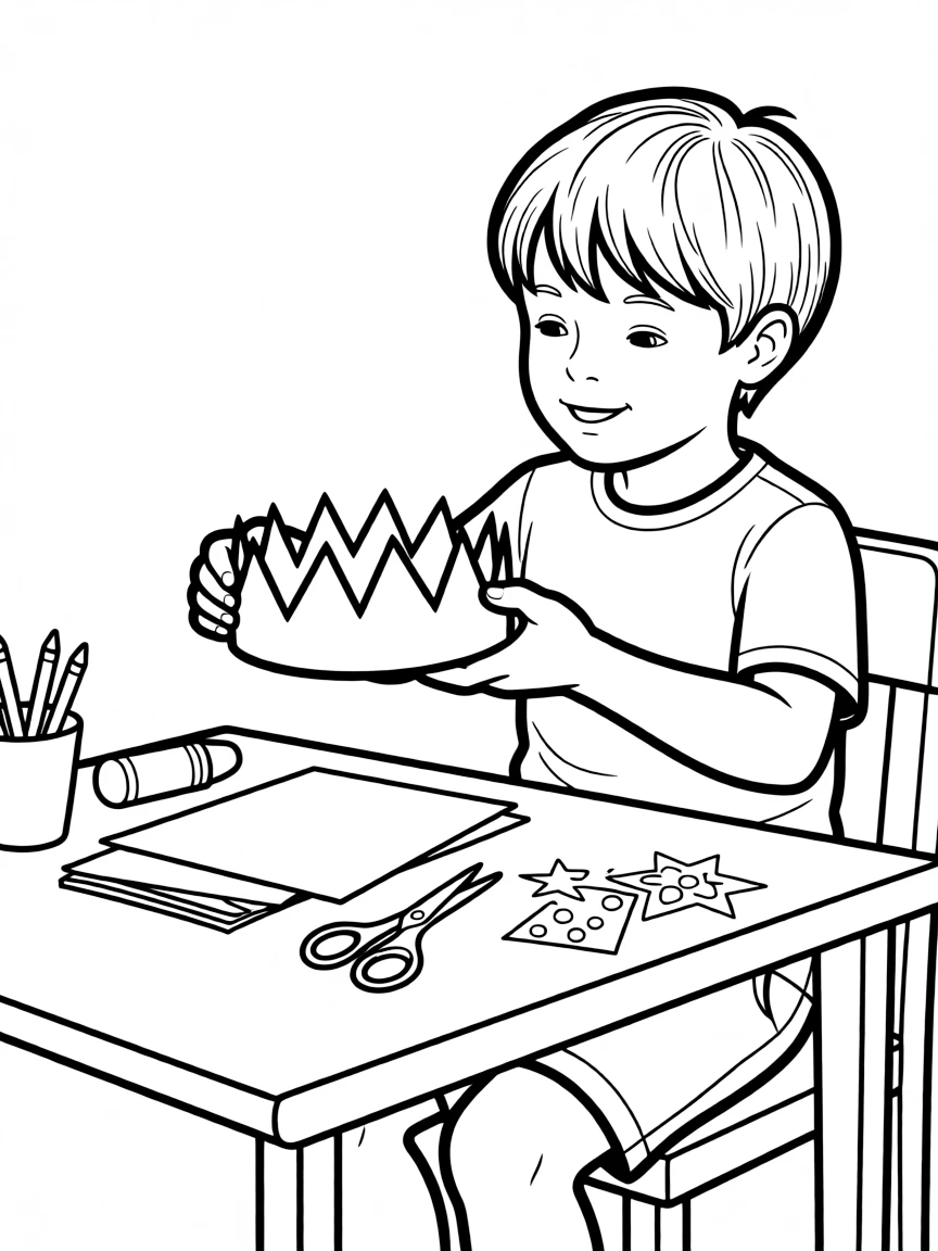 A boy making a paper crown.