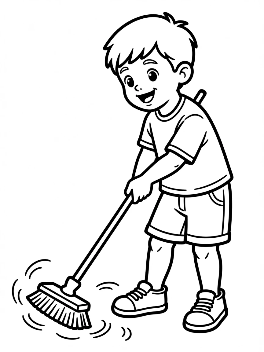 A boy playing with a toy broom, sweeping up imaginary dust.