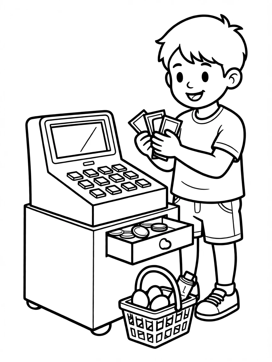 A boy pretending to be a cashier, counting toy money.