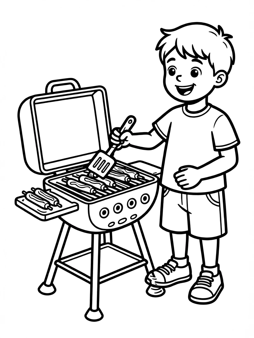 A boy playing with a toy barbecue grill, flipping pretend hot dogs.