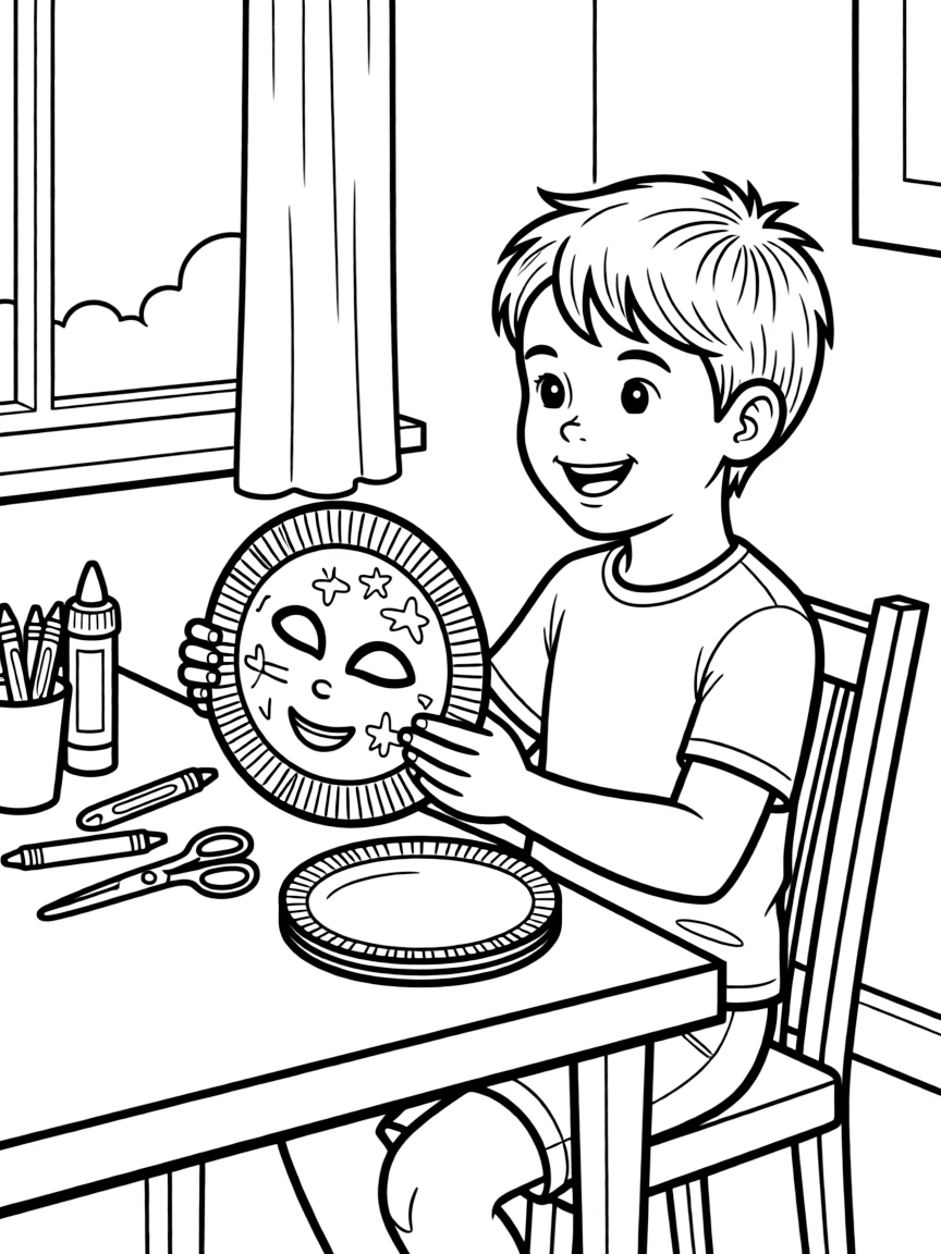 A boy making a paper plate mask.