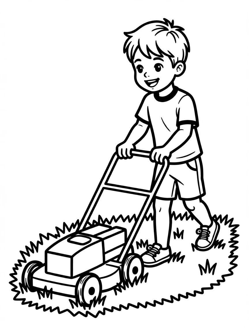 A boy playing with a toy lawnmower, pushing it across the grass.