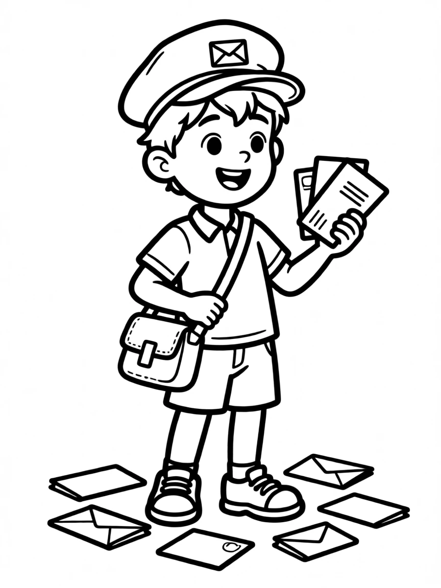 A boy pretending to be a mail carrier, delivering toy letters.