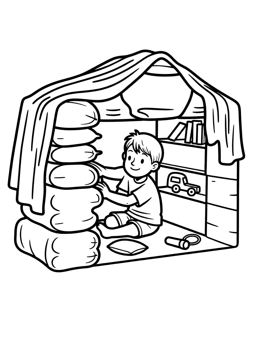 A boy making a "fort" out of cushions and blankets.